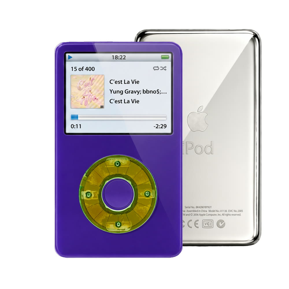 Purple refurbished iPod Video 5.5 Gen with Clear Silver Green click wheel and Silver back plate