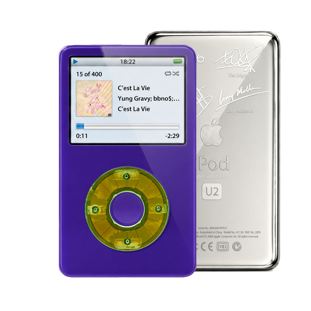 Purple refurbished iPod Video 5.5 Gen with Clear Silver Green click wheel and Silver U2 back plate