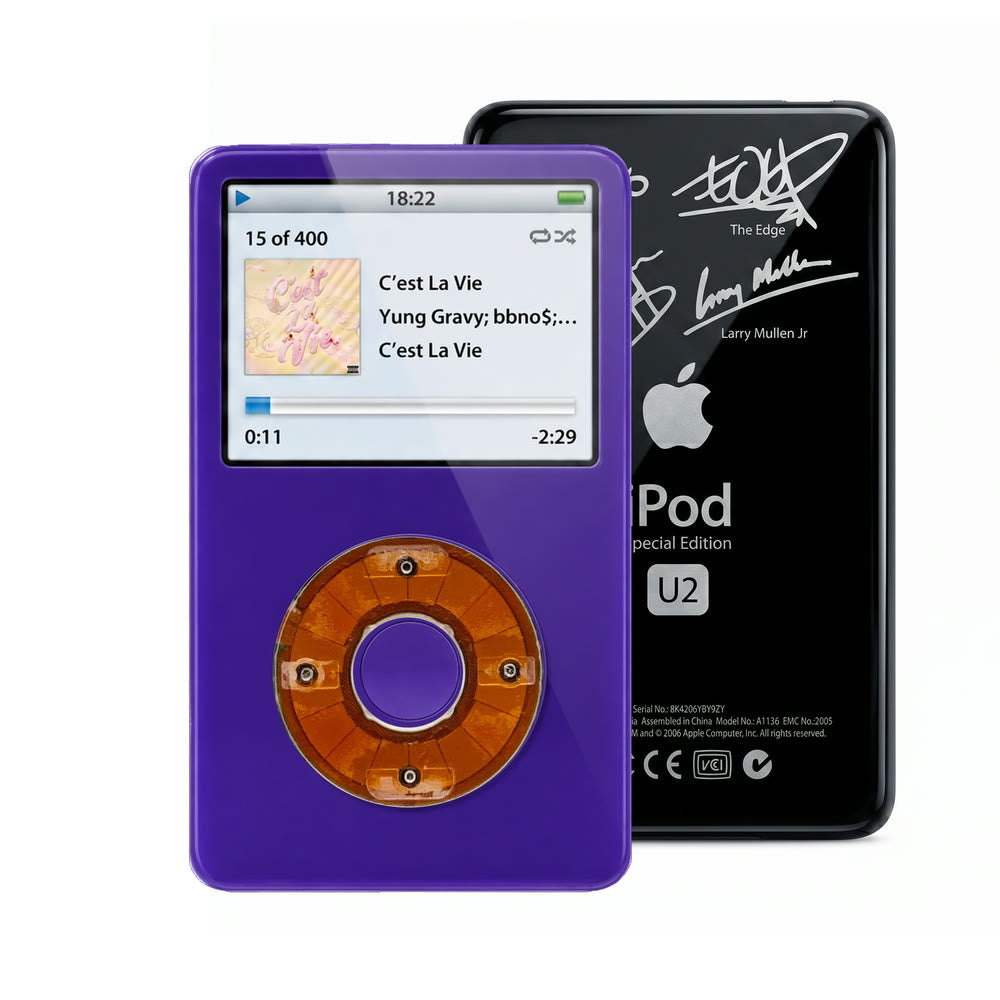 Purple refurbished iPod Video 5.5 Gen with Clear Yellow click wheel and Black U2 back plate