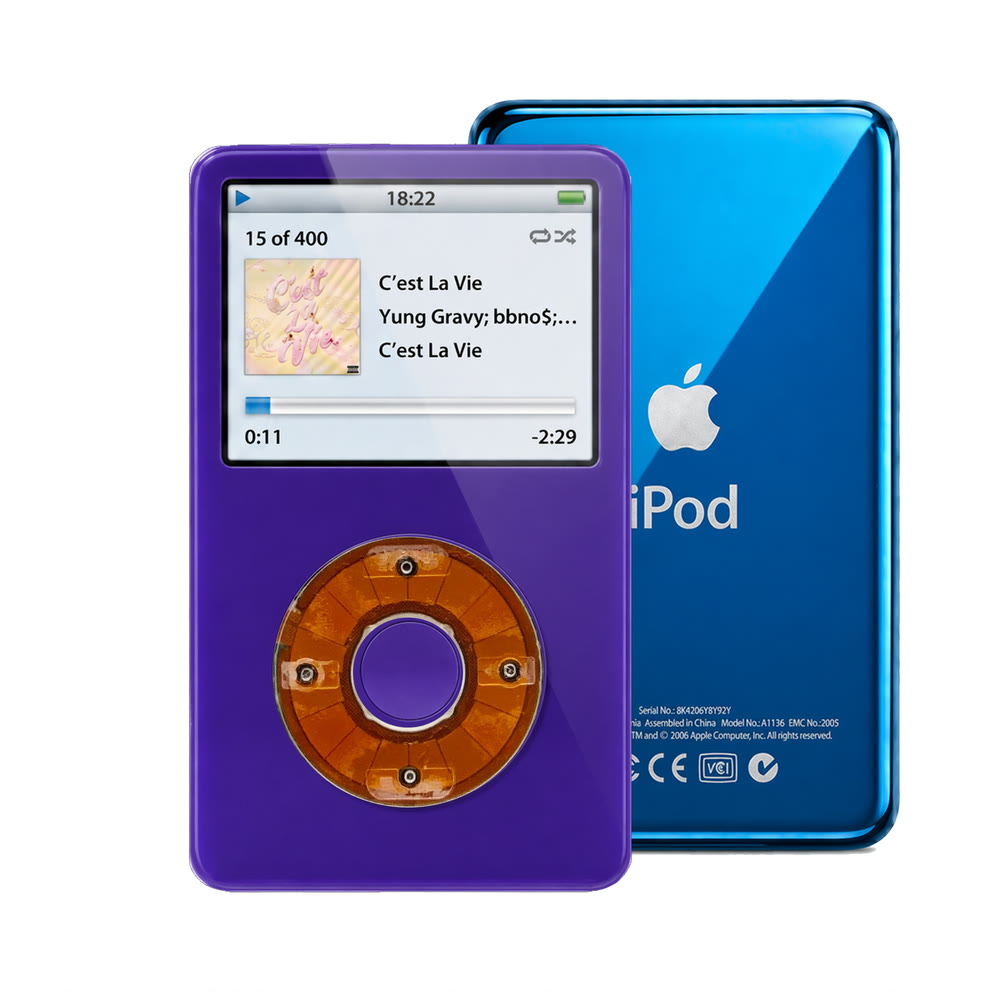 Purple refurbished iPod Video 5.5 Gen with Clear Yellow click wheel and Blue back plate