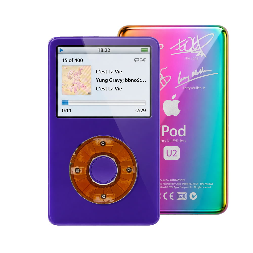 Purple refurbished iPod Video 5.5 Gen with Clear Yellow click wheel and Rainbow U2 back plate