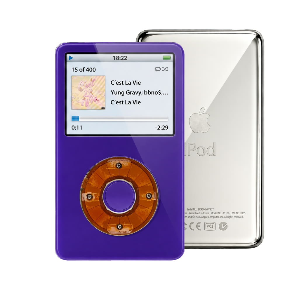 Purple refurbished iPod Video 5.5 Gen with Clear Yellow click wheel and Silver back plate