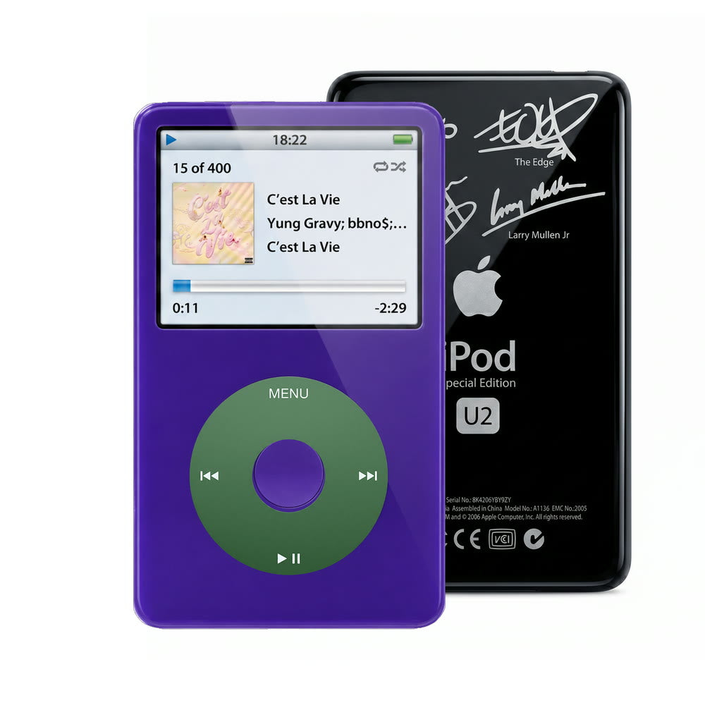 Purple refurbished iPod Video 5.5 Gen with Green click wheel and Black U2 back plate