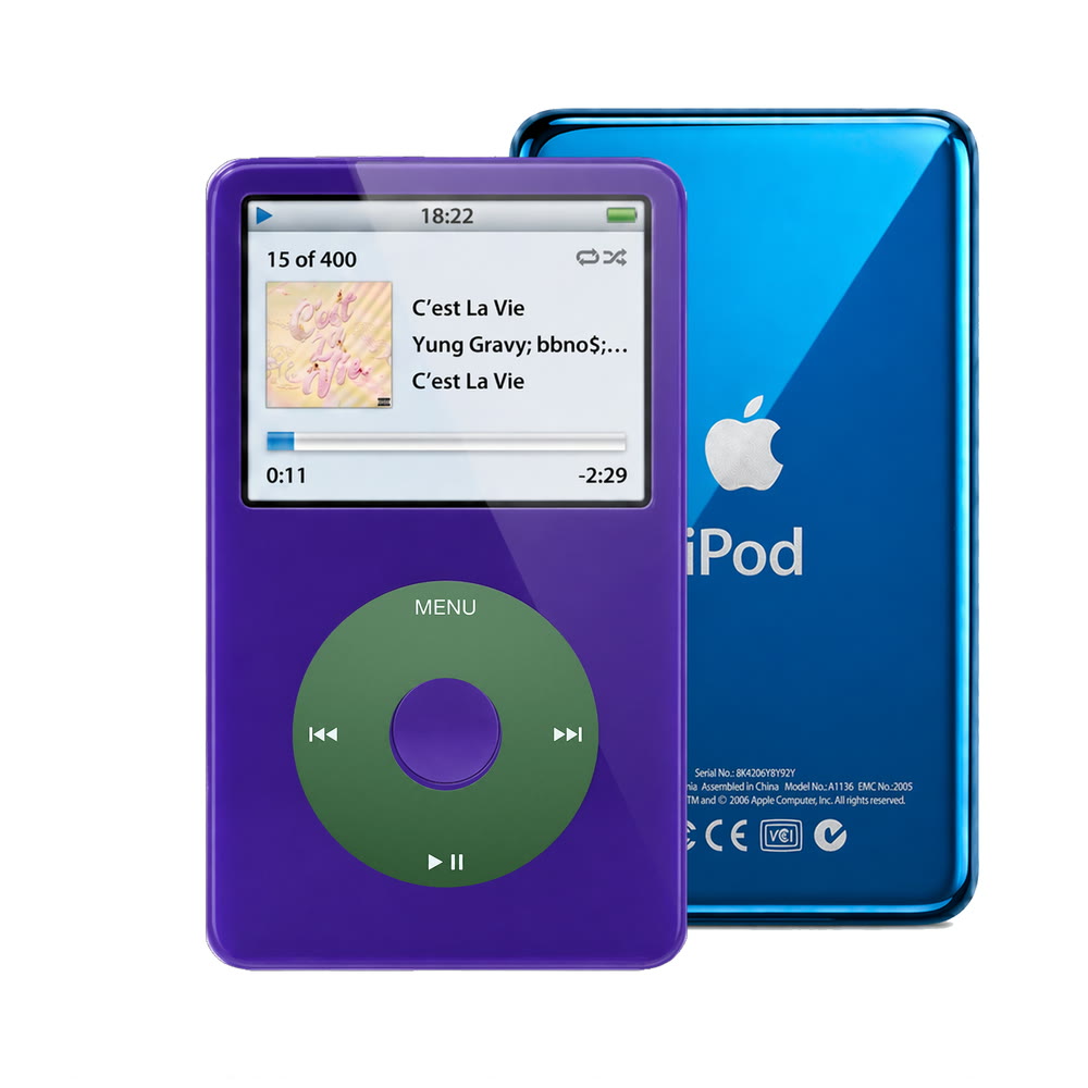Purple refurbished iPod Video 5.5 Gen with Green click wheel and Blue back plate