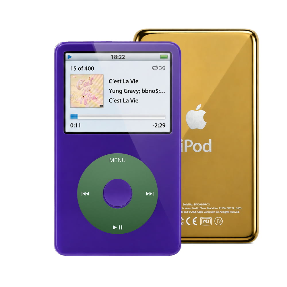 Purple refurbished iPod Video 5.5 Gen with Green click wheel and Gold back plate
