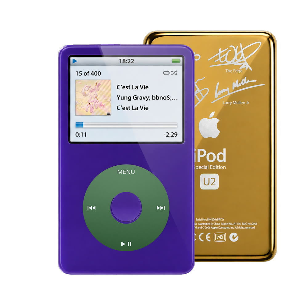 Purple refurbished iPod Video 5.5 Gen with Green click wheel and Gold U2 back plate