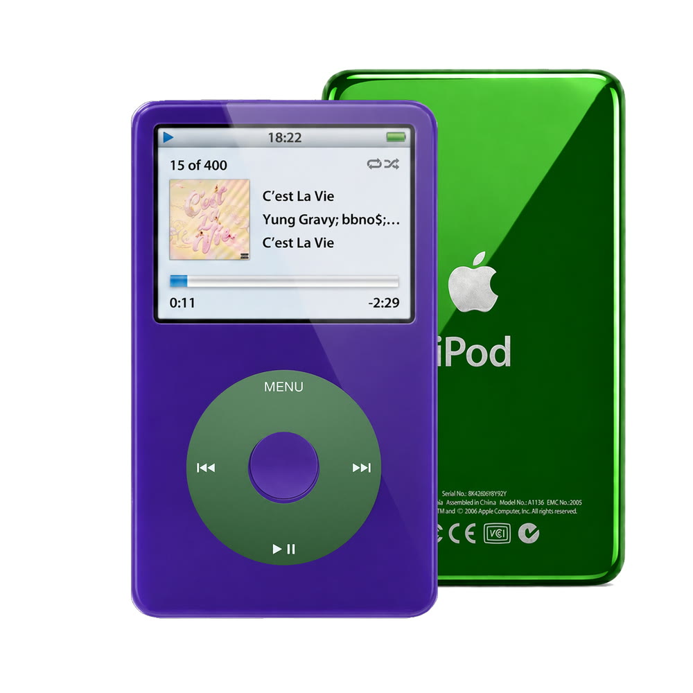 Purple refurbished iPod Video 5.5 Gen with Green click wheel and Green back plate