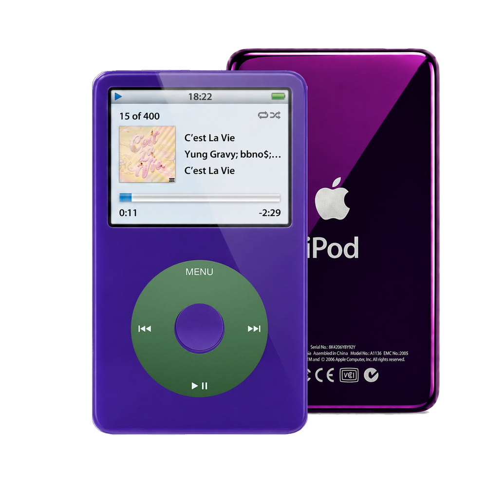 Purple refurbished iPod Video 5.5 Gen with Green click wheel and Purple back plate