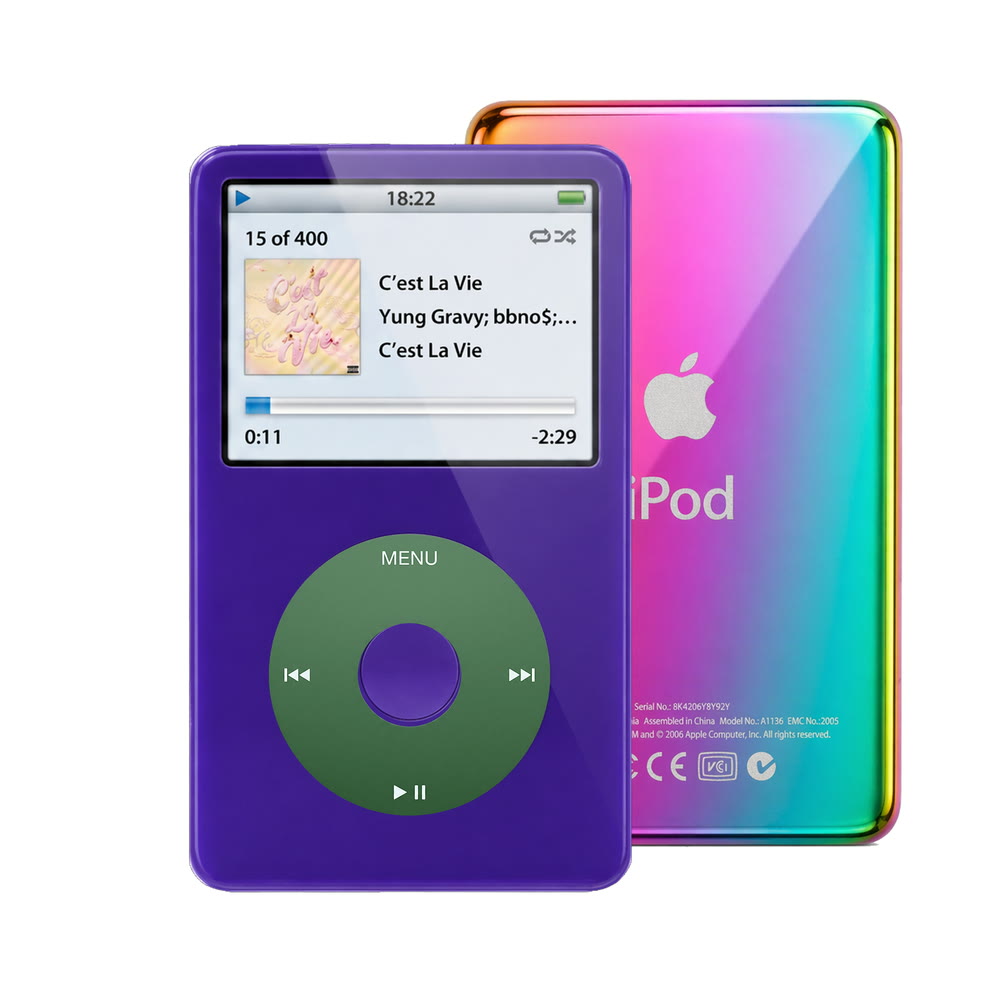 Purple refurbished iPod Video 5.5 Gen with Green click wheel and Rainbow back plate