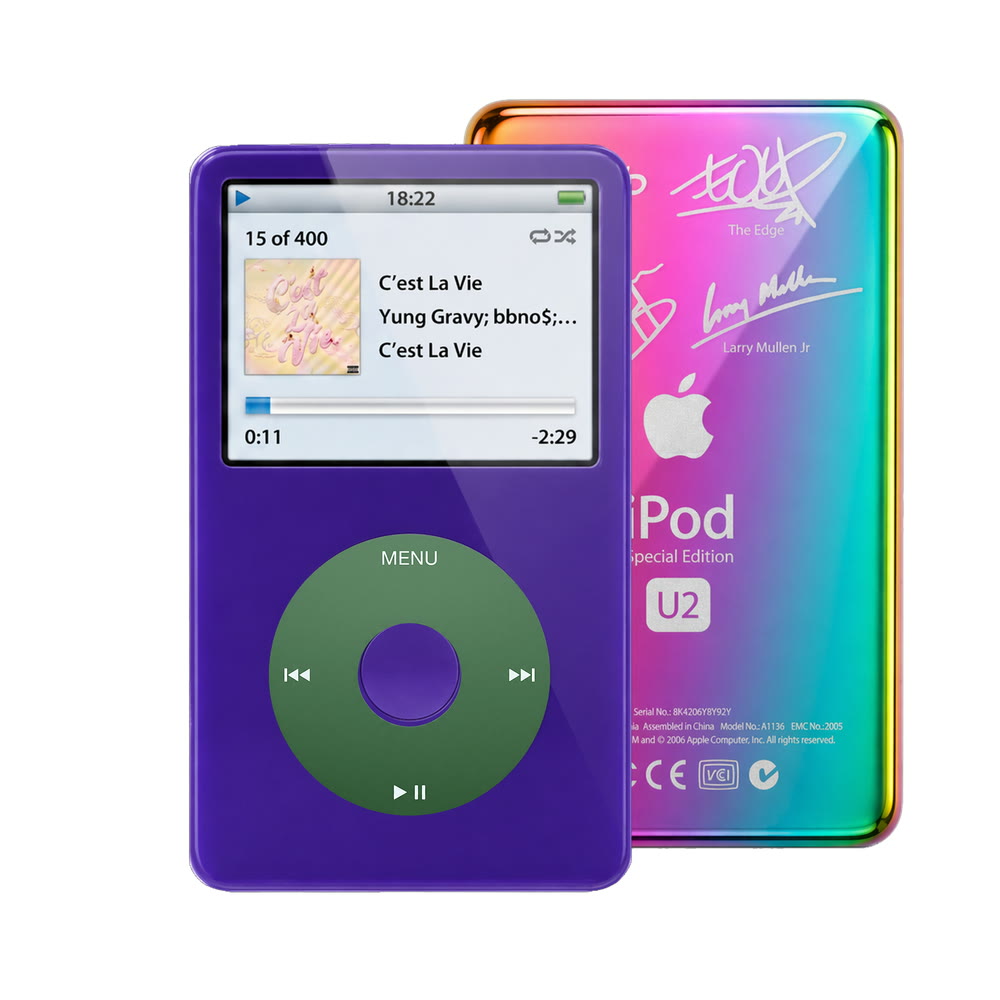 Purple refurbished iPod Video 5.5 Gen with Green click wheel and Rainbow U2 back plate