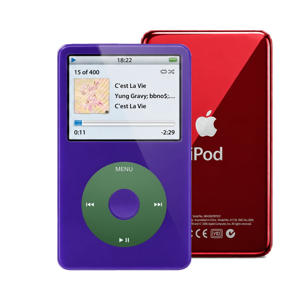 Purple refurbished iPod Video 5.5 Gen with Green click wheel and Red back plate