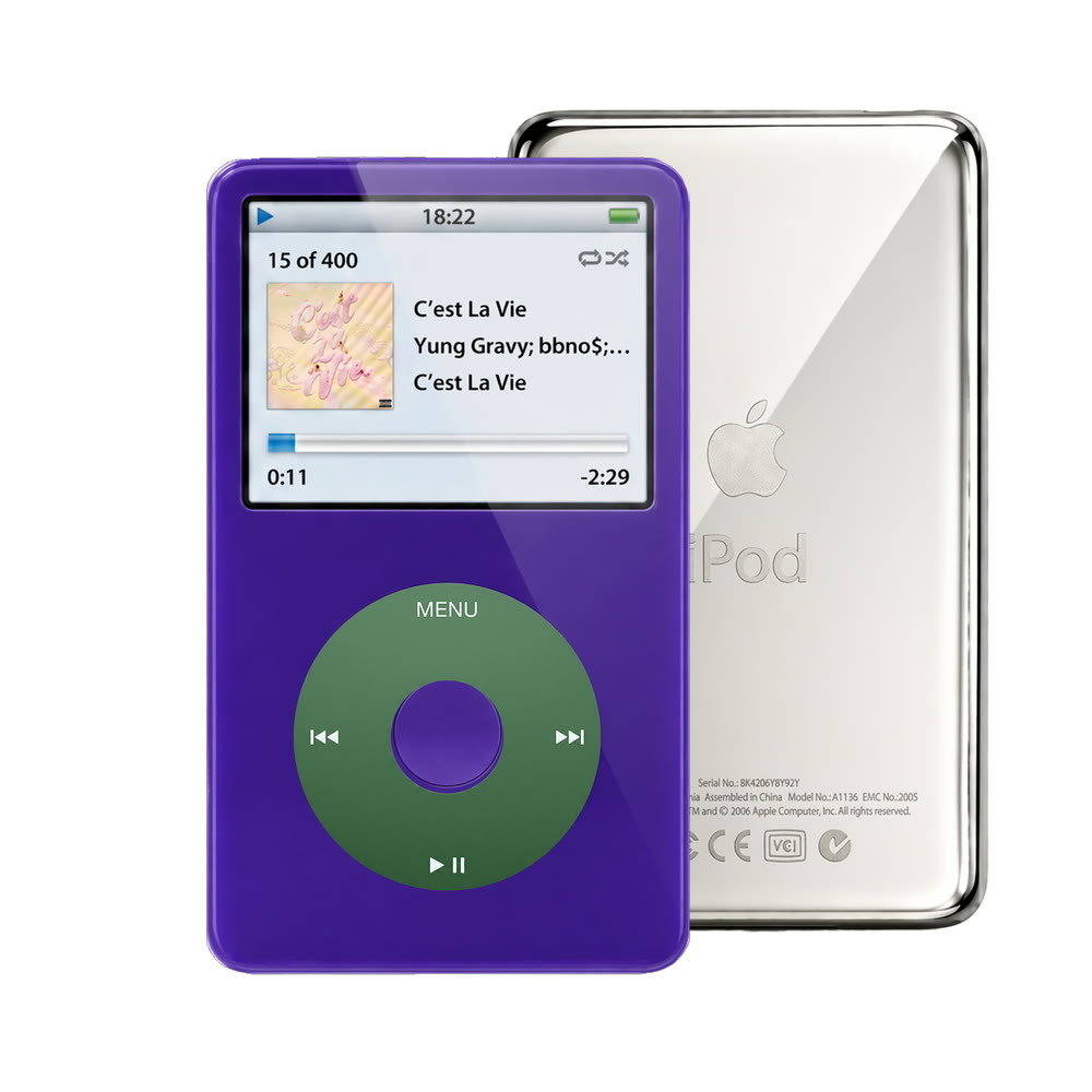 Purple refurbished iPod Video 5.5 Gen with Green click wheel and Silver back plate