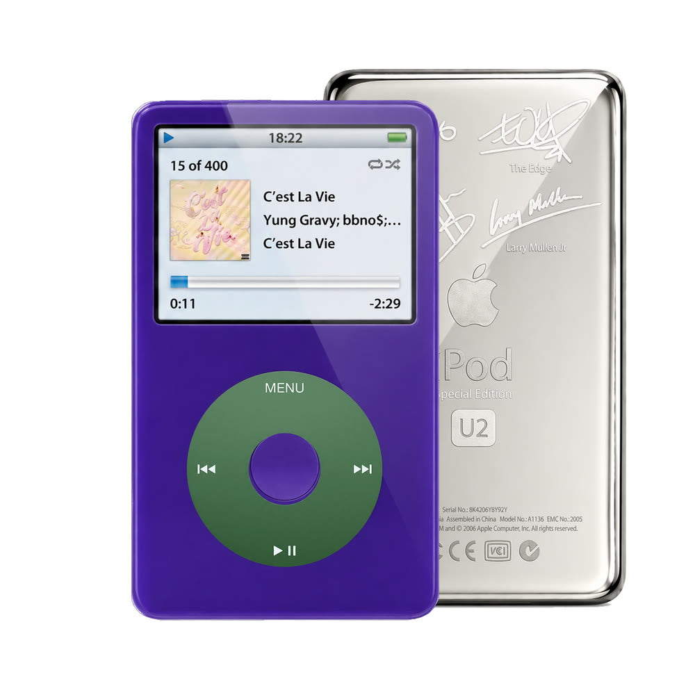 Purple refurbished iPod Video 5.5 Gen with Green click wheel and Silver U2 back plate