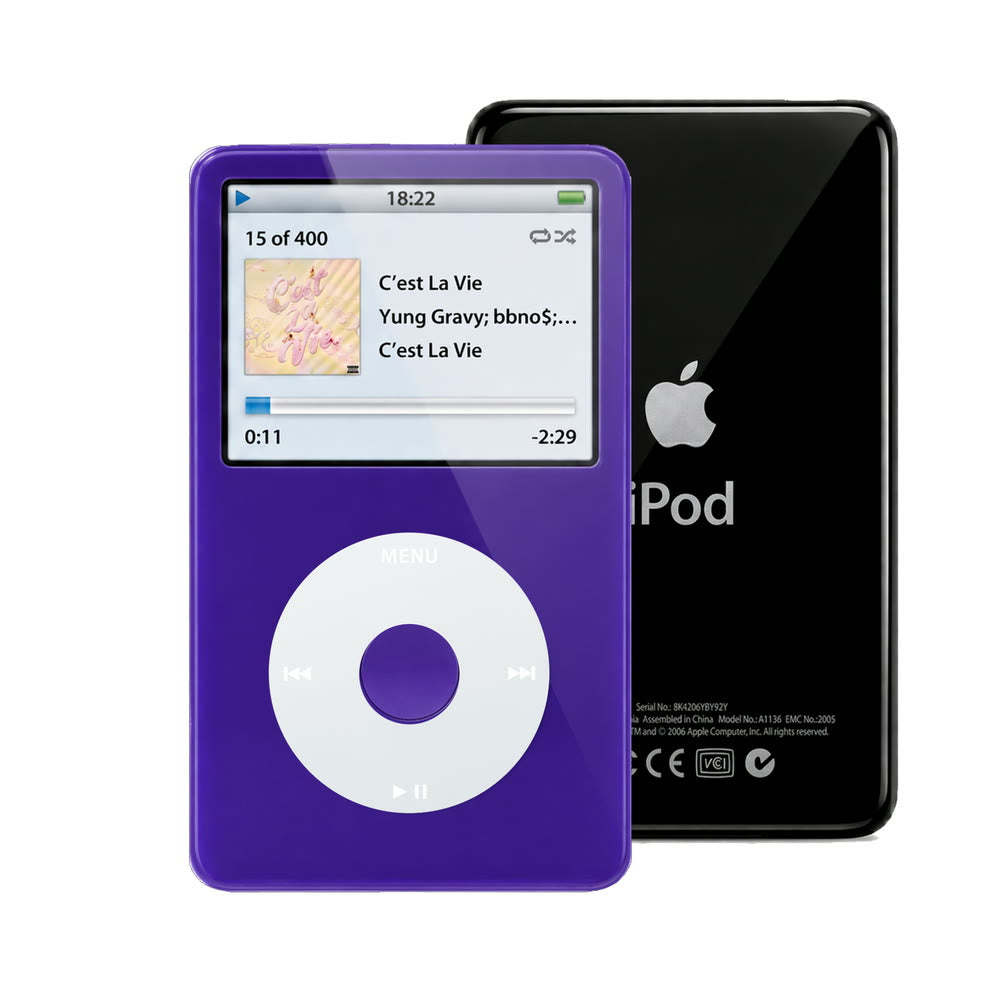 Purple refurbished iPod Video 5.5 Gen with Gray click wheel and Black back plate
