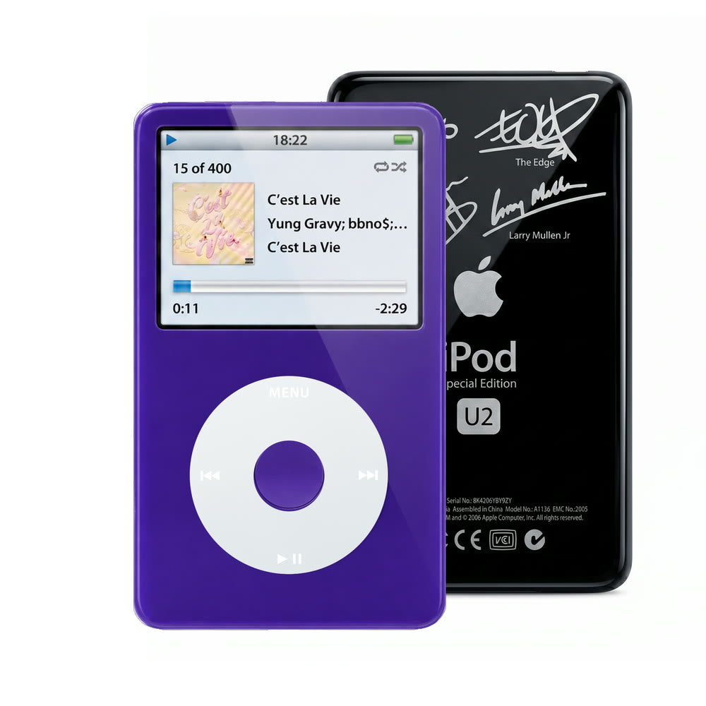 Purple refurbished iPod Video 5.5 Gen with Gray click wheel and Black U2 back plate