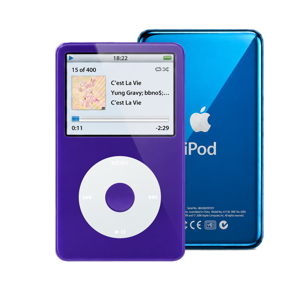 Purple refurbished iPod Video 5.5 Gen with Gray click wheel and Blue back plate