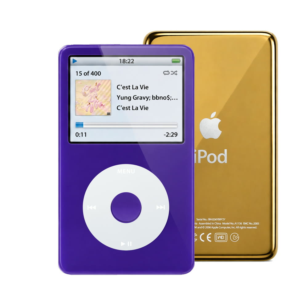 Purple refurbished iPod Video 5.5 Gen with Gray click wheel and Gold back plate