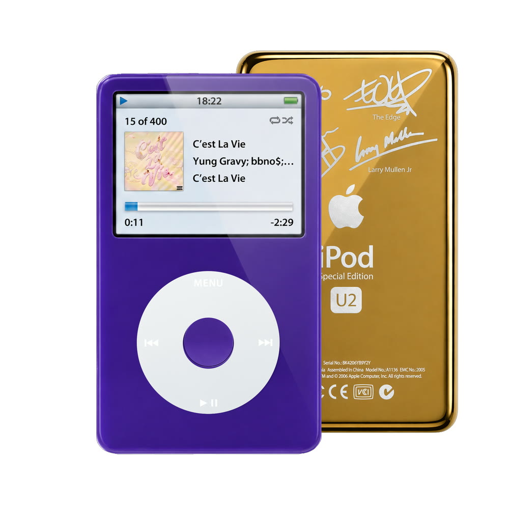Purple refurbished iPod Video 5.5 Gen with Gray click wheel and Gold U2 back plate