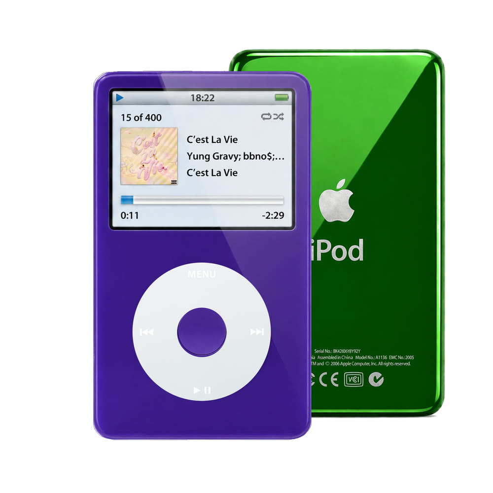 Purple refurbished iPod Video 5.5 Gen with Gray click wheel and Green back plate