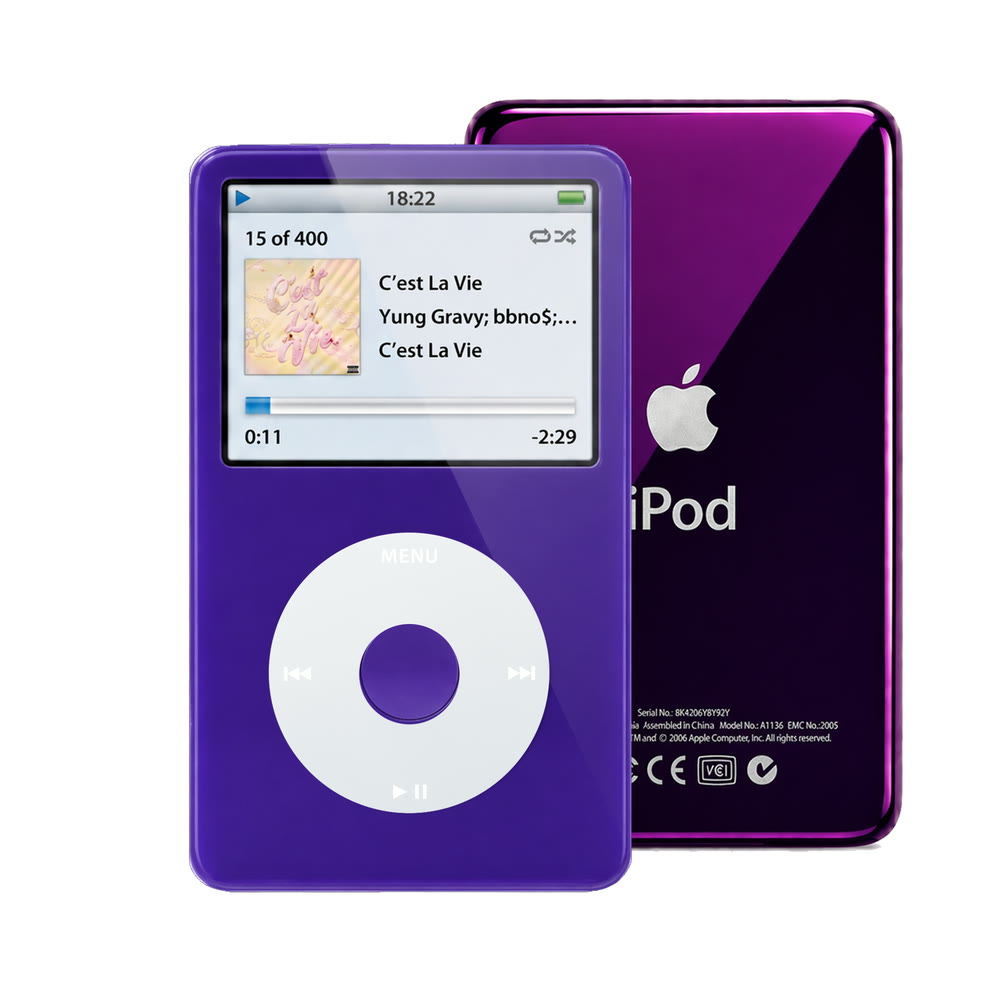 Purple refurbished iPod Video 5.5 Gen with Gray click wheel and Purple back plate