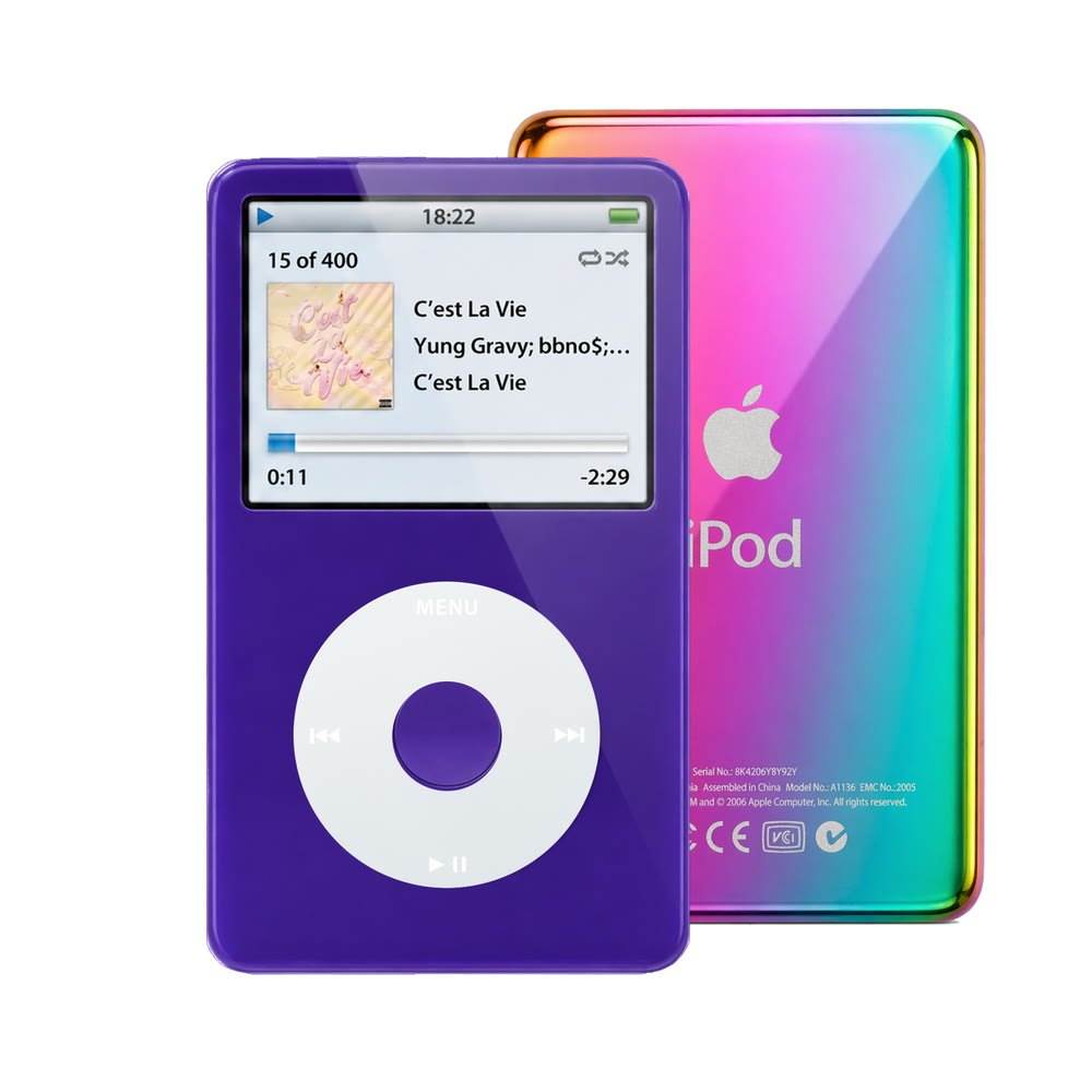 Purple refurbished iPod Video 5.5 Gen with Gray click wheel and Rainbow back plate
