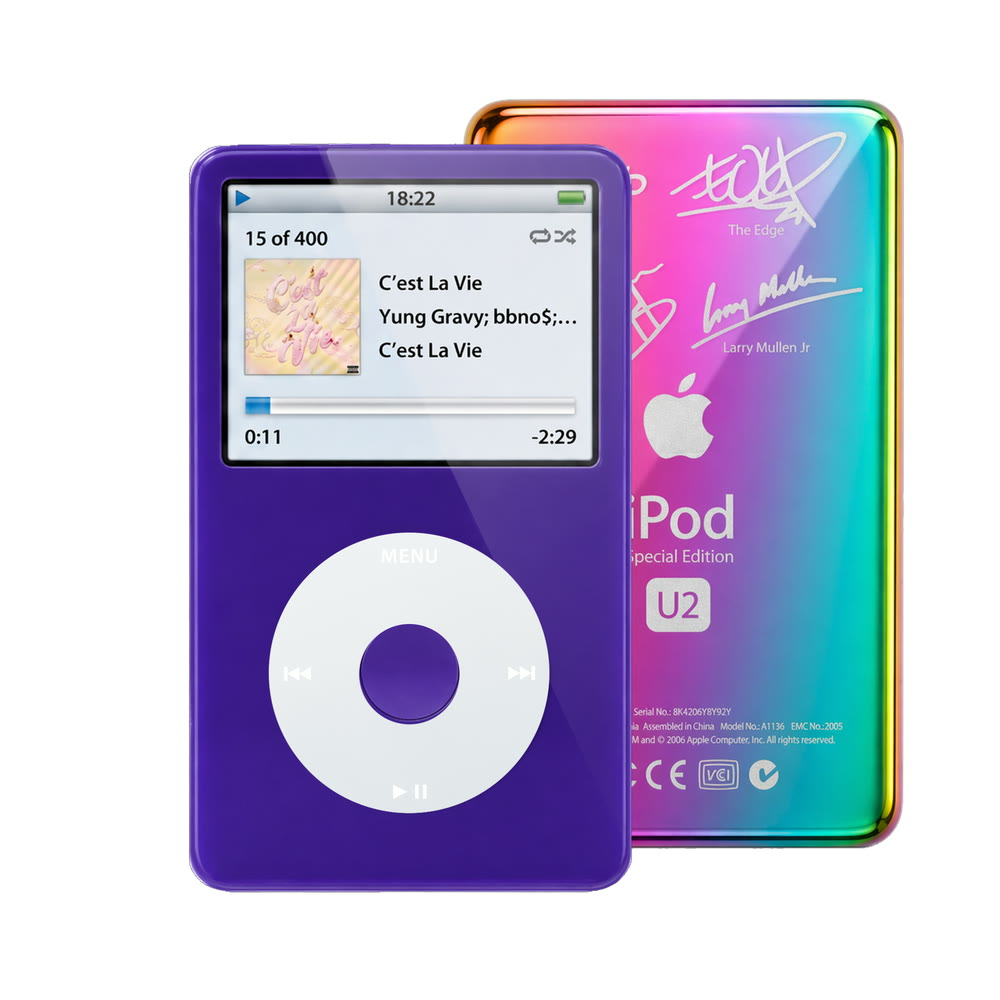 Purple refurbished iPod Video 5.5 Gen with Gray click wheel and Rainbow U2 back plate