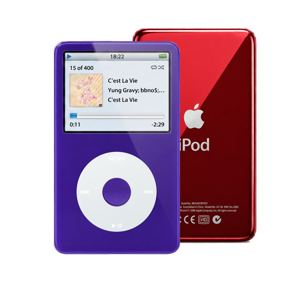 Purple refurbished iPod Video 5.5 Gen with Gray click wheel and Red back plate