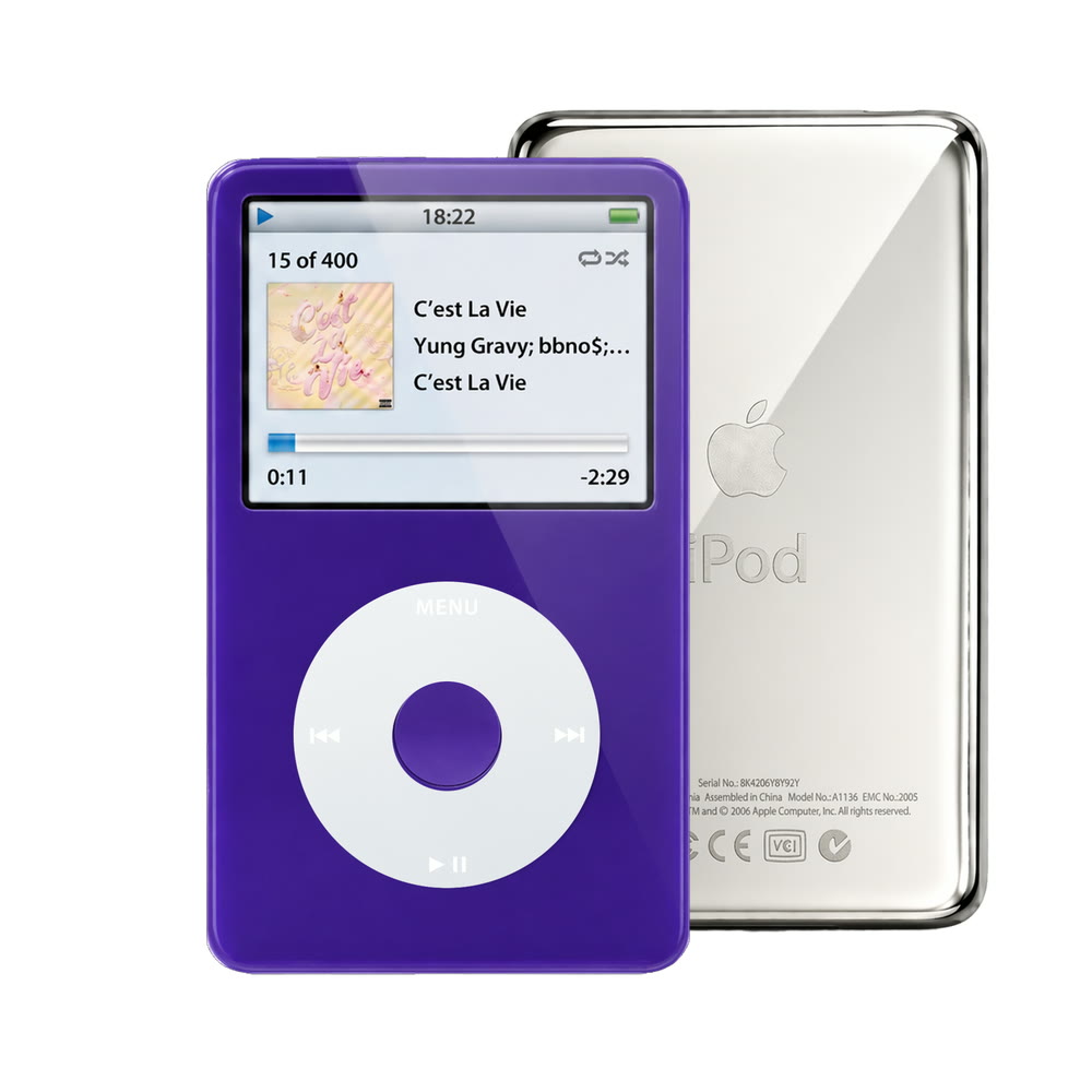 Purple refurbished iPod Video 5.5 Gen with Gray click wheel and Silver back plate