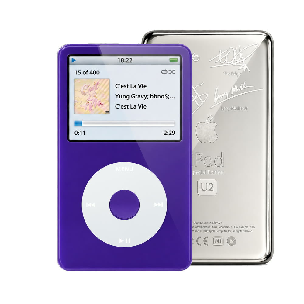 Purple refurbished iPod Video 5.5 Gen with Gray click wheel and Silver U2 back plate