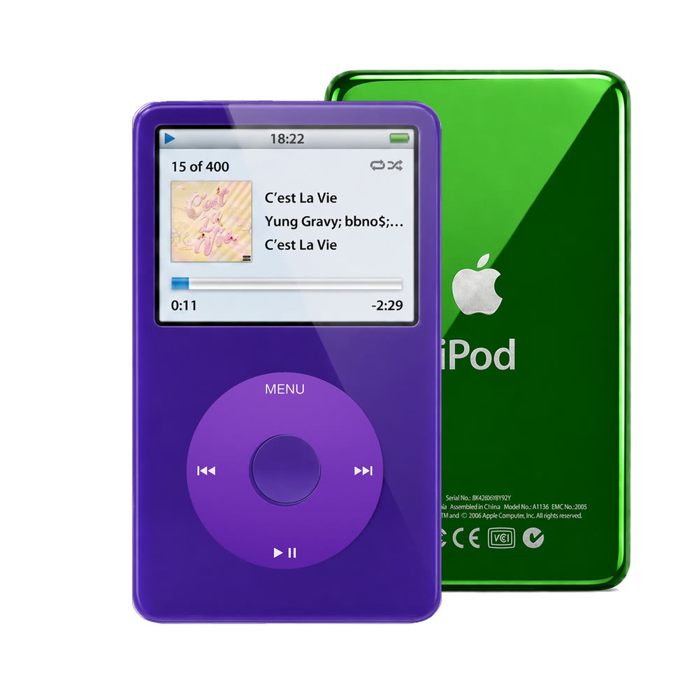 Purple refurbished iPod Video 5.5 Gen with Purple click wheel and Green back plate