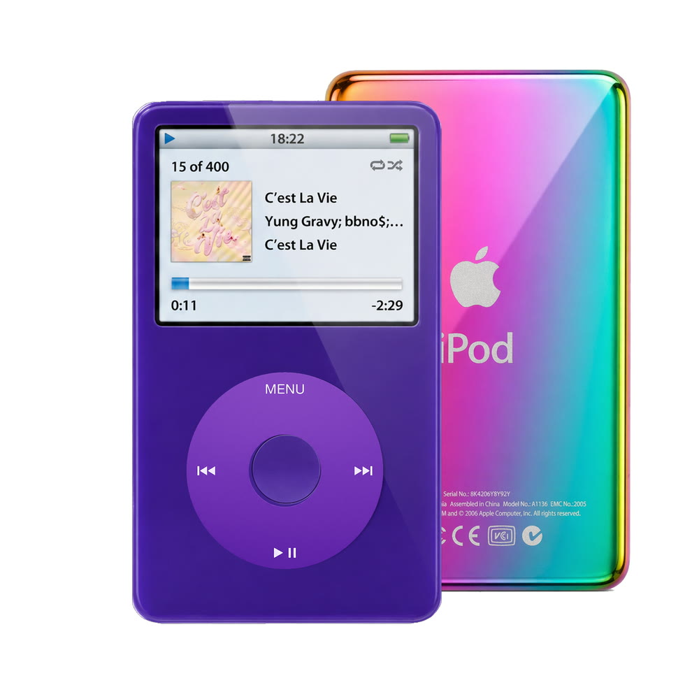 Purple refurbished iPod Video 5.5 Gen with Purple click wheel and Rainbow back plate