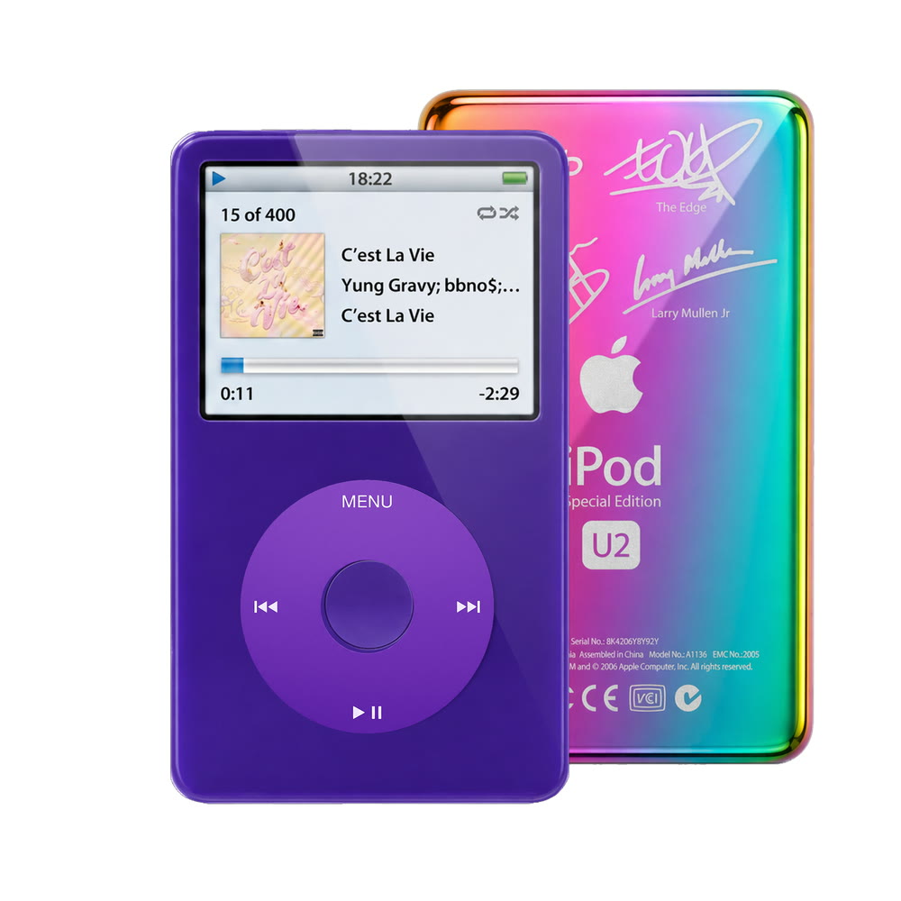 Purple refurbished iPod Video 5.5 Gen with Purple click wheel and Rainbow U2 back plate