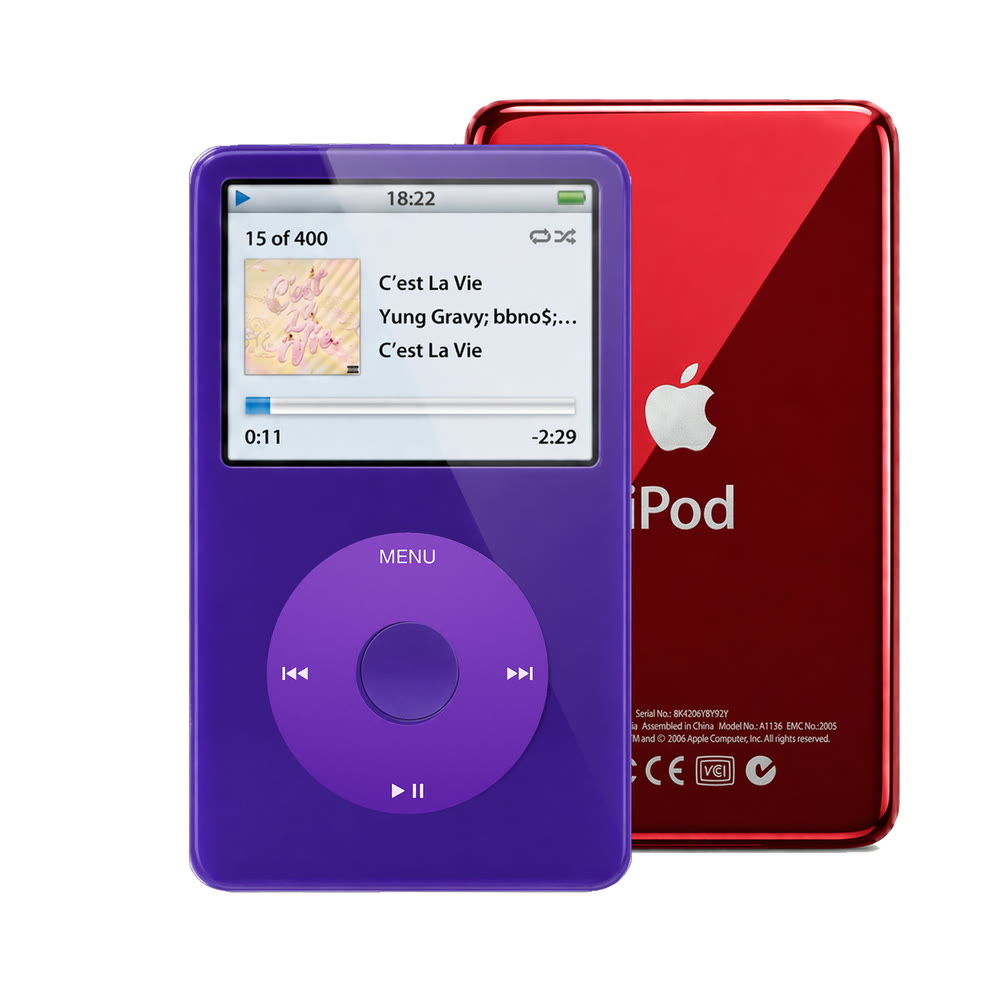 Purple refurbished iPod Video 5.5 Gen with Purple click wheel and Red back plate
