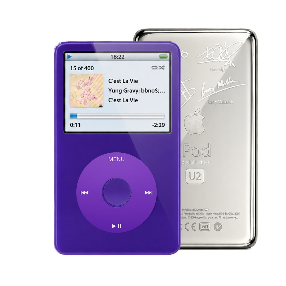 Purple refurbished iPod Video 5.5 Gen with Purple click wheel and Silver U2 back plate