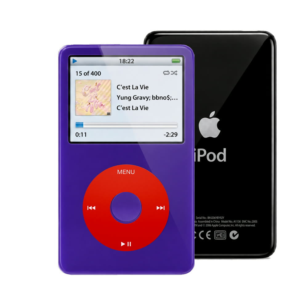 Purple refurbished iPod Video 5.5 Gen with Red click wheel and Black back plate