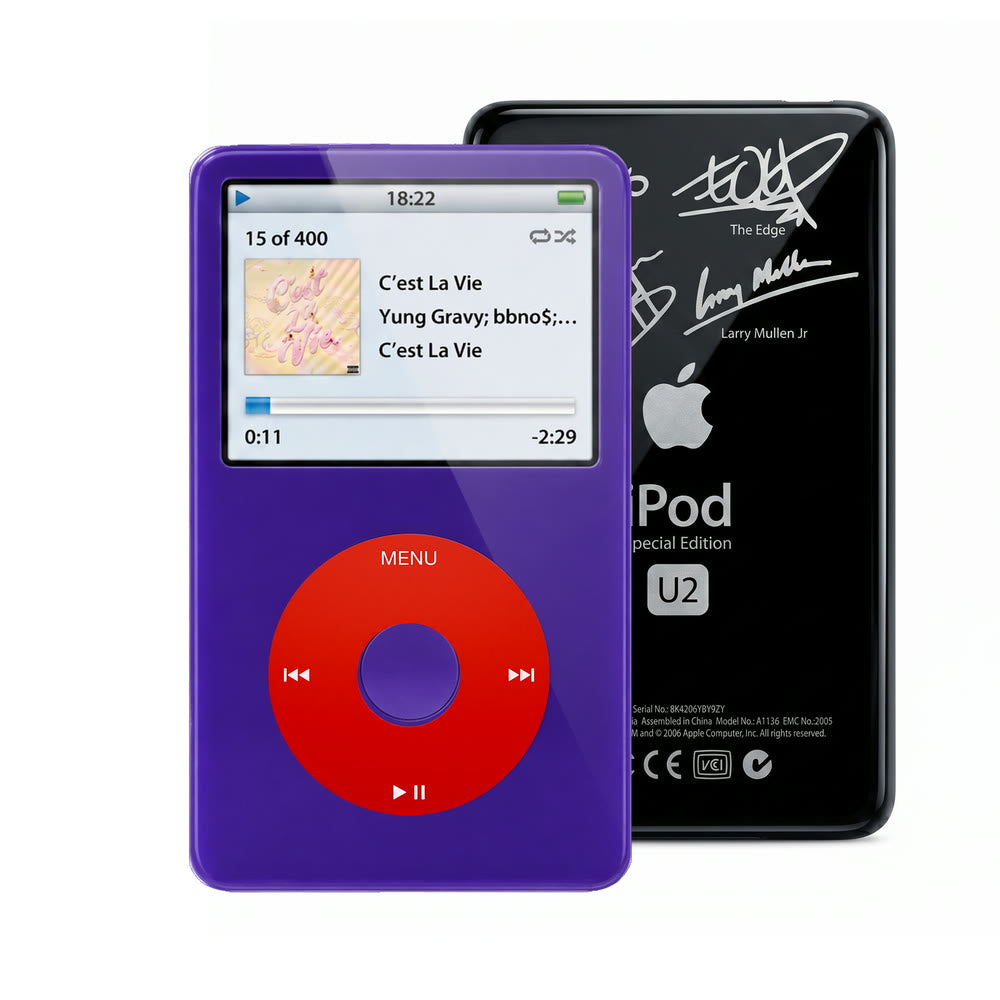 Purple refurbished iPod Video 5.5 Gen with Red click wheel and Black U2 back plate