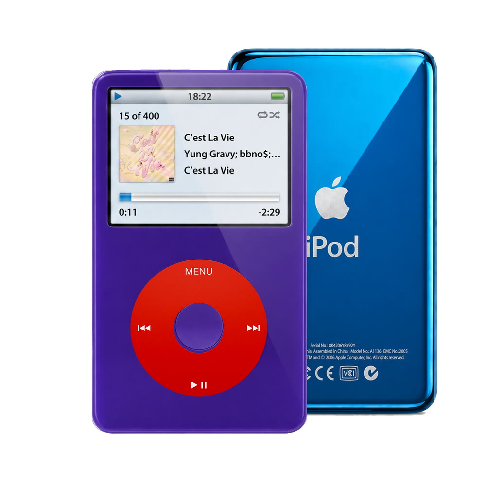 Purple refurbished iPod Video 5.5 Gen with Red click wheel and Blue back plate