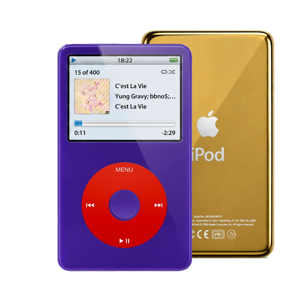 Purple refurbished iPod Video 5.5 Gen with Red click wheel and Gold back plate