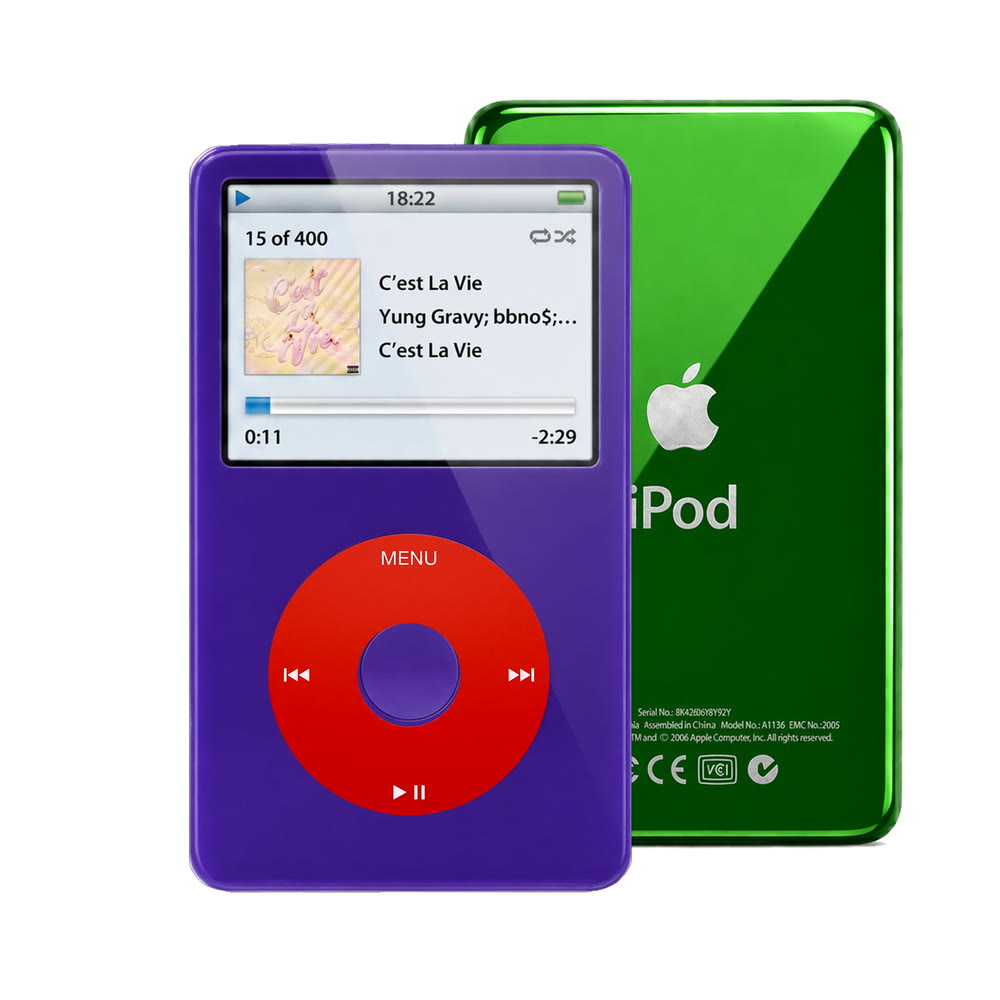 Purple refurbished iPod Video 5.5 Gen with Red click wheel and Green back plate
