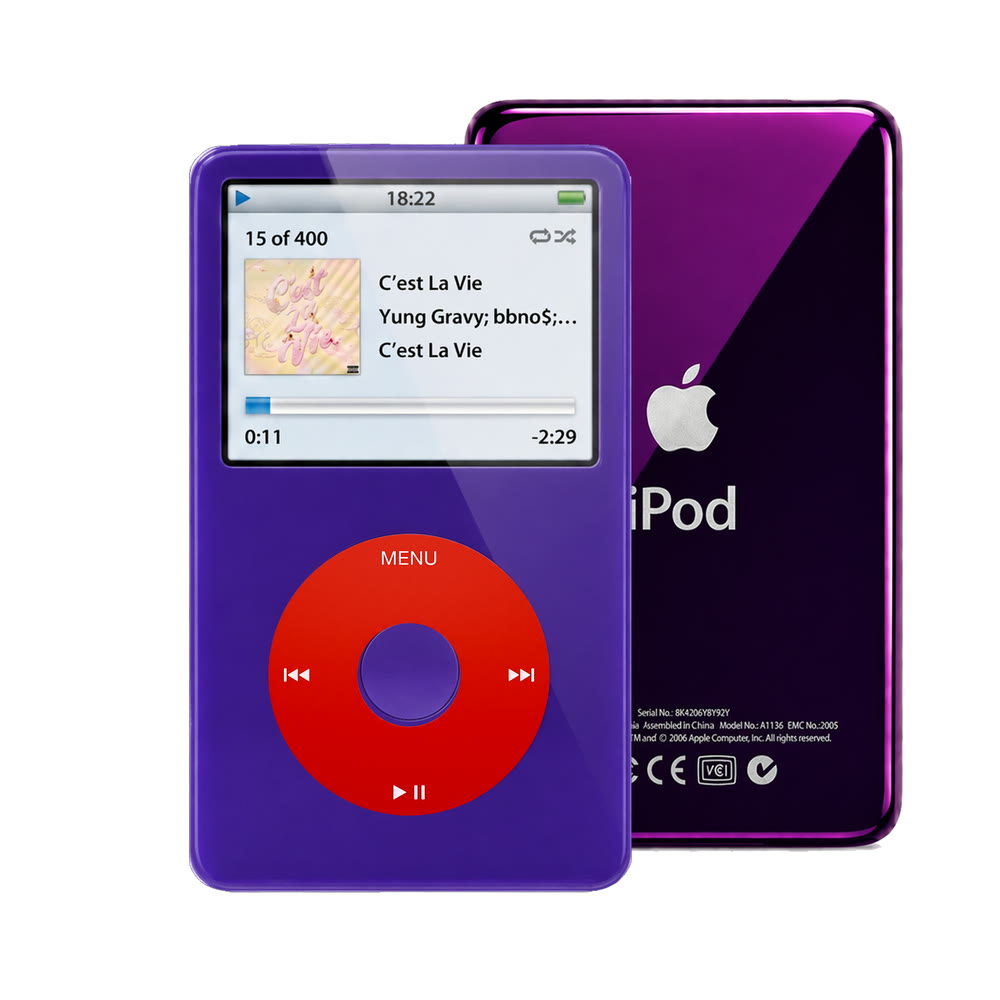 Purple refurbished iPod Video 5.5 Gen with Red click wheel and Purple back plate