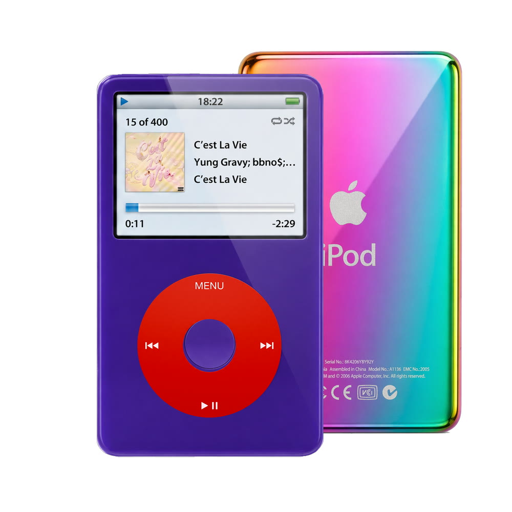 Purple refurbished iPod Video 5.5 Gen with Red click wheel and Rainbow back plate