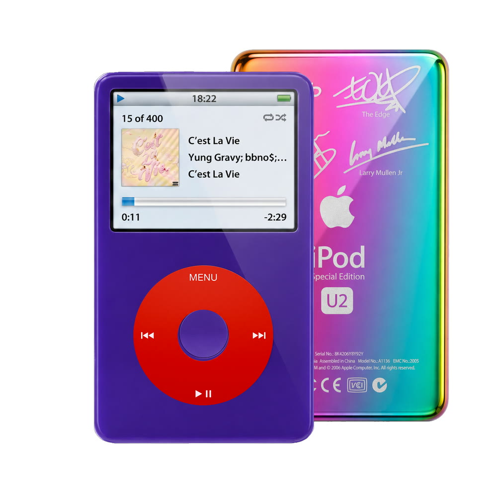 Purple refurbished iPod Video 5.5 Gen with Red click wheel and Rainbow U2 back plate