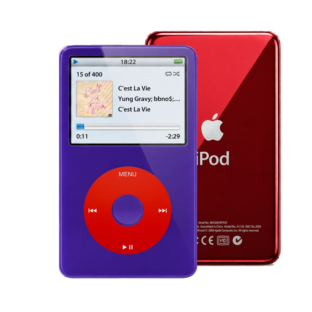 Purple refurbished iPod Video 5.5 Gen with Red click wheel and Red back plate