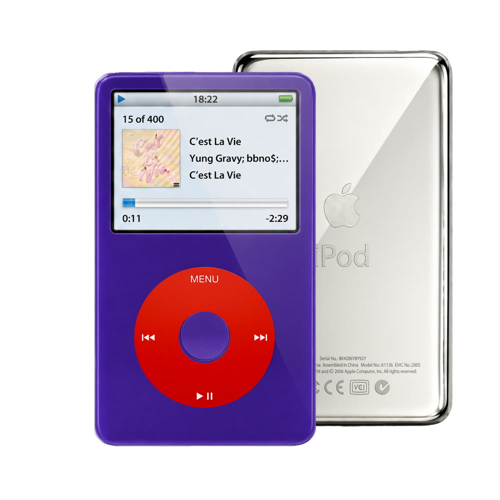 Purple refurbished iPod Video 5.5 Gen with Red click wheel and Silver back plate
