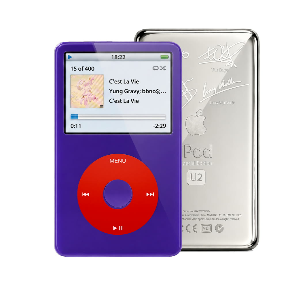 Purple refurbished iPod Video 5.5 Gen with Red click wheel and Silver U2 back plate