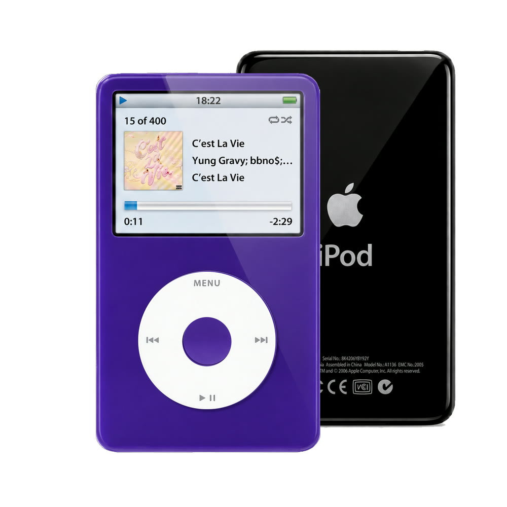 Purple refurbished iPod Video 5.5 Gen with White click wheel and Black back plate