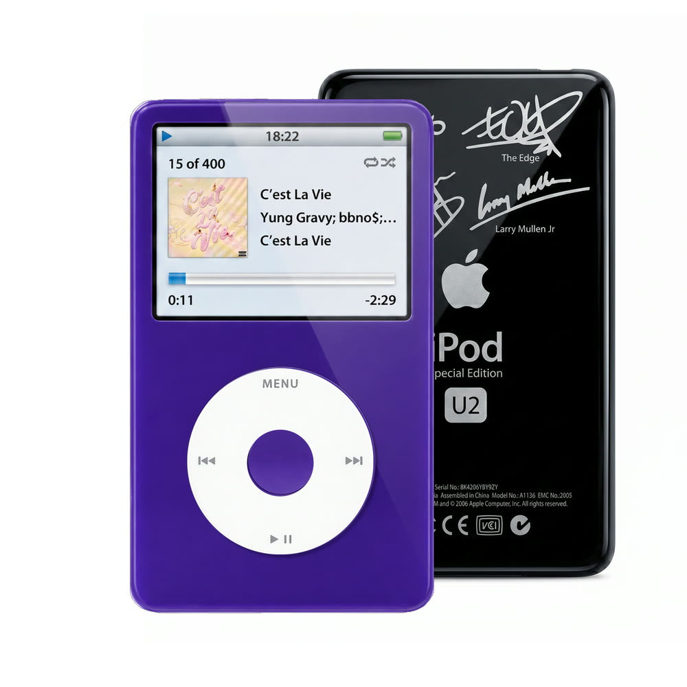 Purple refurbished iPod Video 5.5 Gen with White click wheel and Black U2 back plate