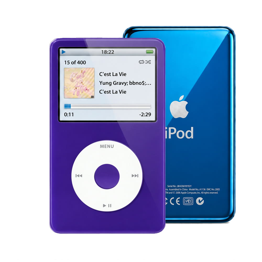 Purple refurbished iPod Video 5.5 Gen with White click wheel and Blue back plate
