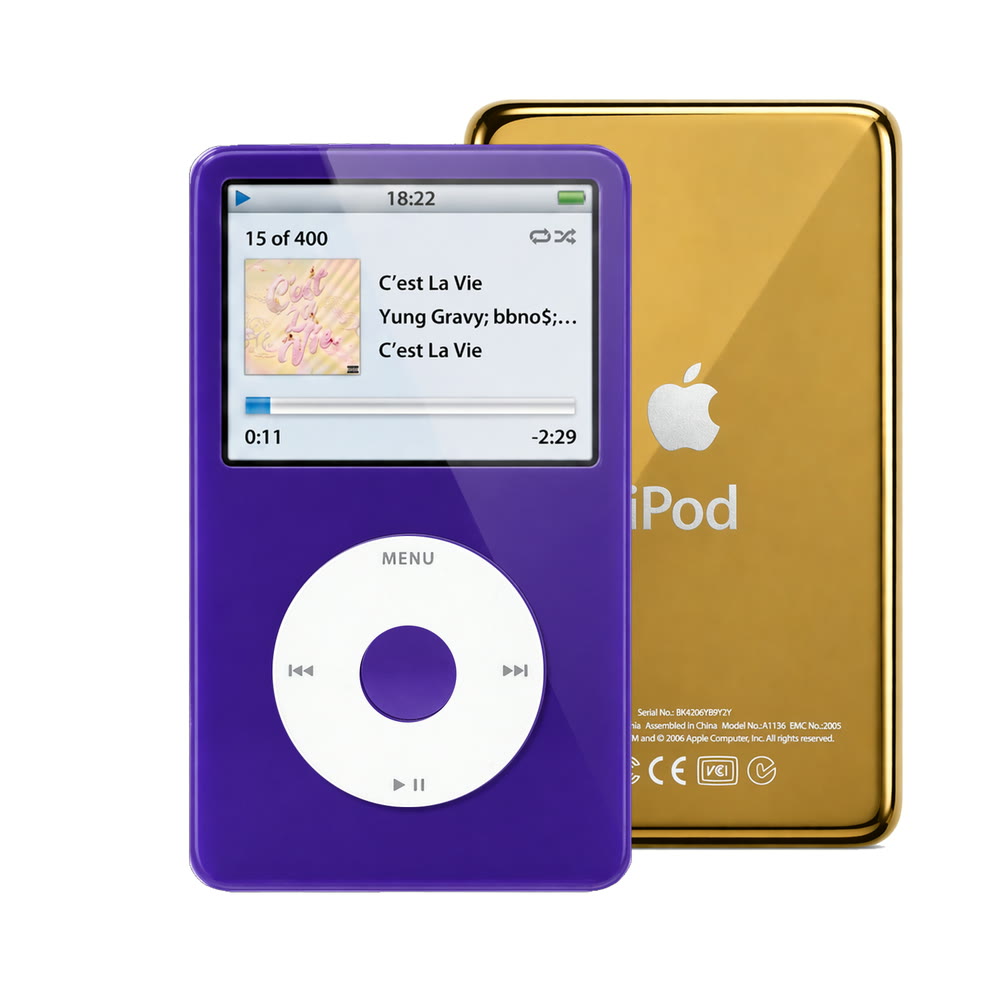 Purple refurbished iPod Video 5.5 Gen with White click wheel and Gold back plate