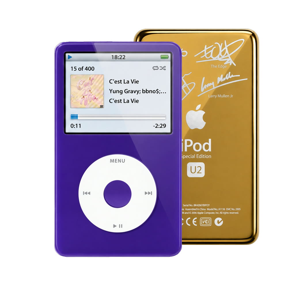 Purple refurbished iPod Video 5.5 Gen with White click wheel and Gold U2 back plate